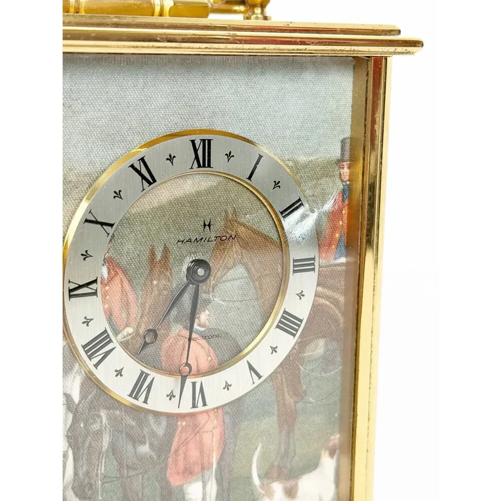 Vintage Hamilton Electronic Gold Brass Miniature Shelf Mantel Fox Hunt Clock